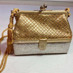Judith Leiber Shoulder Gold Leather Crystal Mini 6" Kiss Lock Evening Bag